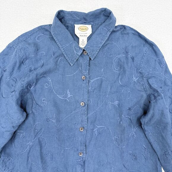 Talbots Linen Top Size Medium‎ Blue Chambray Floral Embroidered Irish Linen Boho - Picture 3 of 10